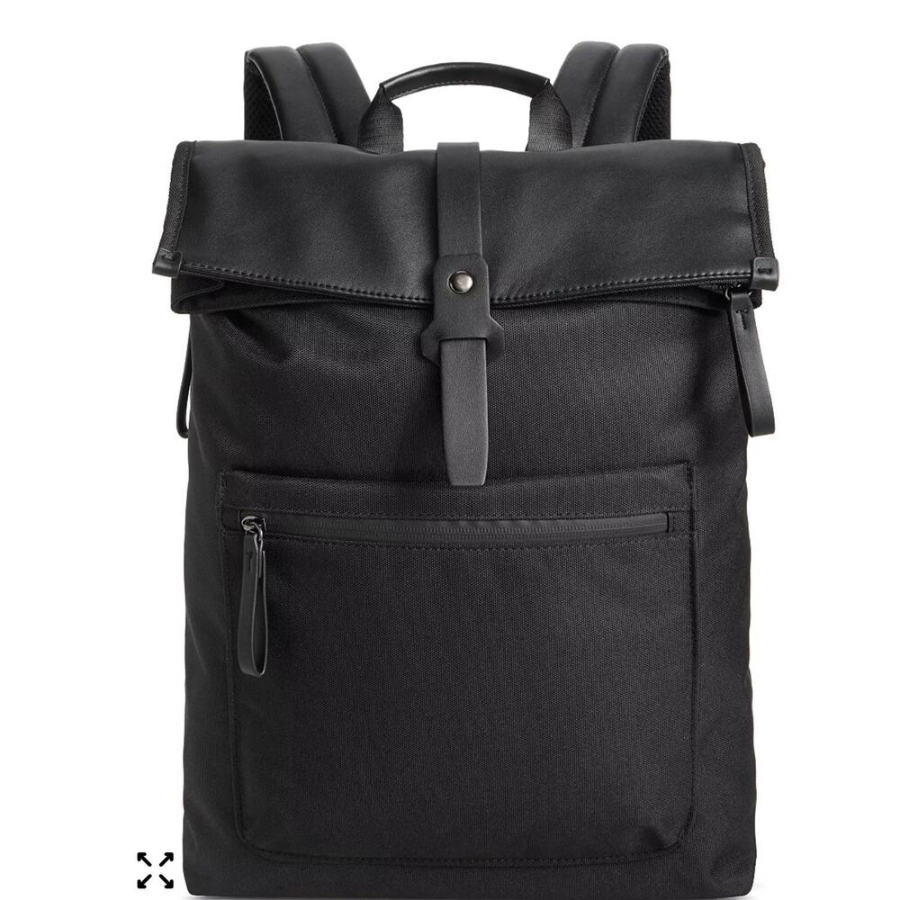 ALFANI Backpack Black Canvas Roll Top Backpack Faux Leather Trim Laptop Sleeve